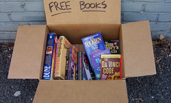 A box of books labeled 