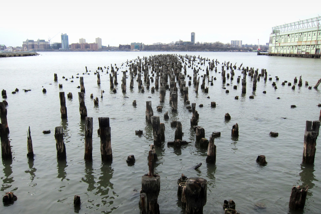Location for installation, pilings between Pier 54 & 56, Chelsea. (photo by Chris Filippini, 2014)