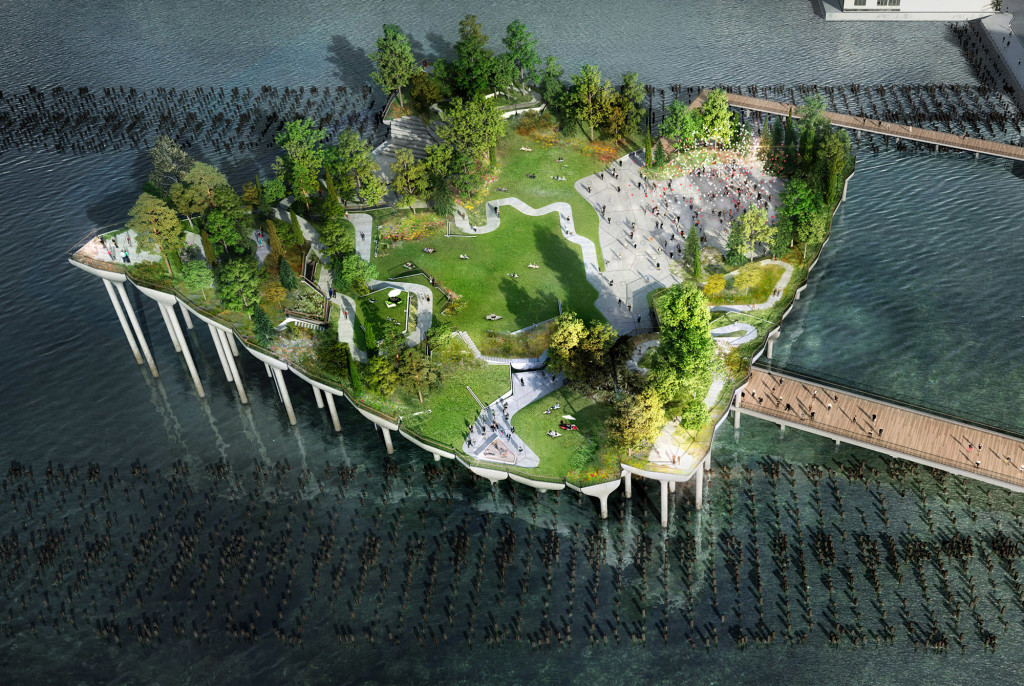 Rendering for upcoming floating park, Pier55. (image courtesy Pier55 Inc./Heatherwick Studio.           All images copyright Heatherwick Studio. Images are provided for editorial use and only in direct connection with the Pier55 project.)